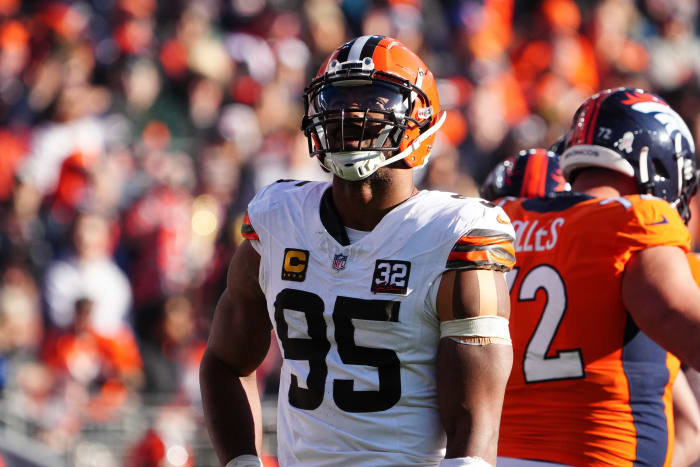 Nov 26, 2023; Denver, Colorado, USA; Cleveland Browns defensive end Myles Garrett (95) during a video review in the first quarter against the Denver Broncos at Empower Field at Mile High.